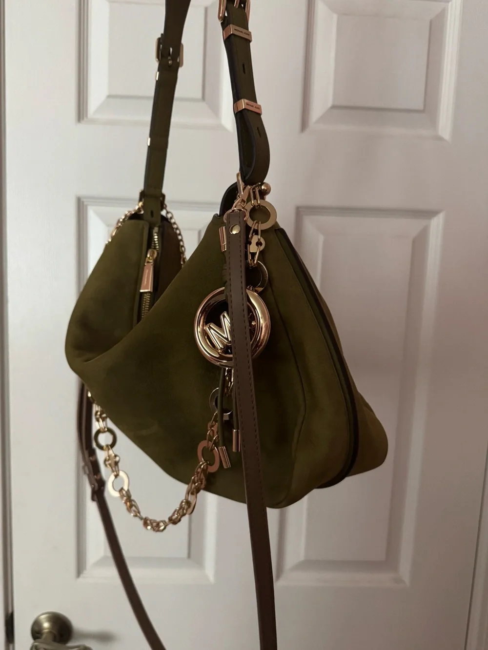 Michael Kors Olive Suede Shoulder Bag with Gold Chain Detail